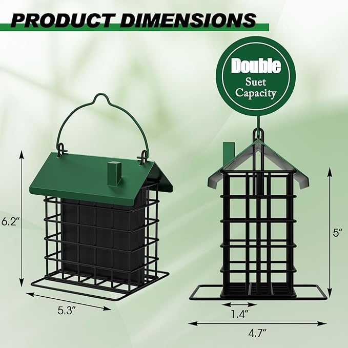 Gbekery All-Metal Double Suet Bird Feeder for Outdoors Hanging, Suet Cake Cage Holder with Weather-Resistant Roof & Perch for Outside Garden, Green