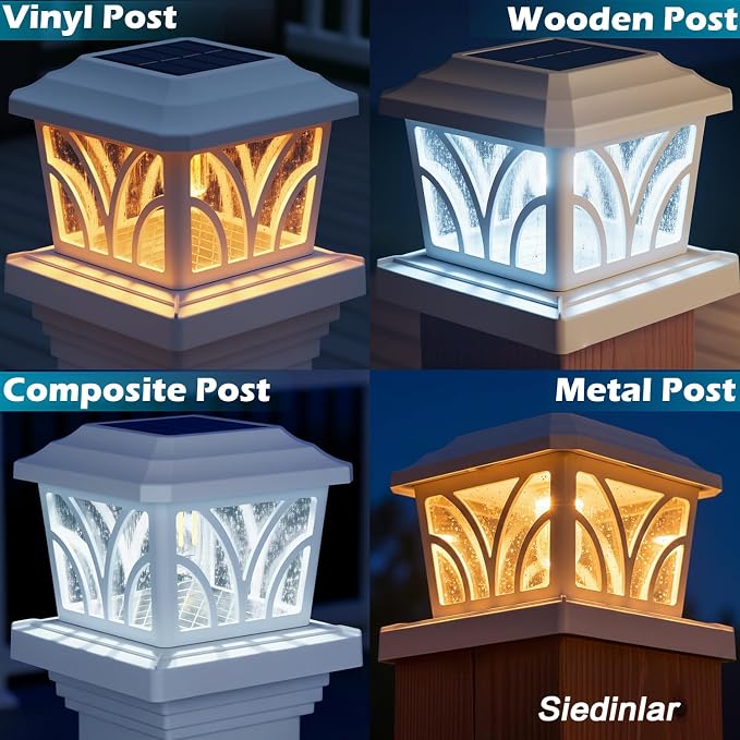 SIEDiNLAR Solar Post Cap Lights Outdoor, Aluminum Glass 2 Modes Fence Post Caps for 4x4 5x5 6x6 Vinyl Wooden Posts Patio Deck Fence Decor, Warm White & Cool White Lighting 2 Pack (White)