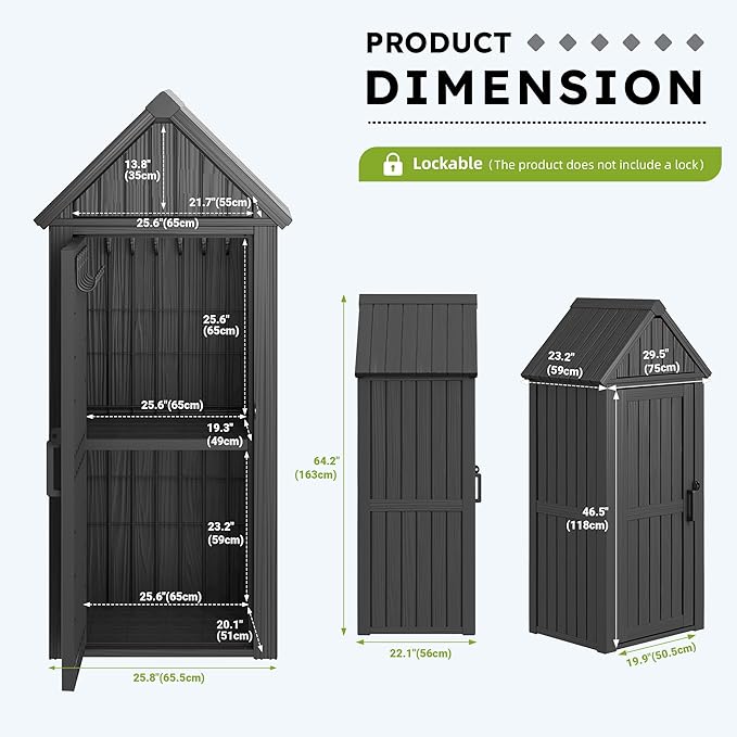 Vertical Outdoor Storage Shed, Waterproof Resin Outdoor Storage Cabinet with Removable Shelves & 12 Hooks, Lockable Small Tool Shed for Garden, Backyard, Patio, Pool, Black