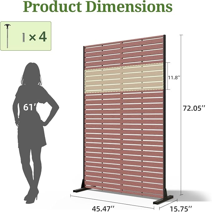 Privacy Screen Outdoor 72" Hx47 W Freestanding Privacy Panel with Stand, HDPE Decorative Privacy Fence with Sandblasting Louver Pattern, Patio Divider Screen, Privacy Screens for Outside
