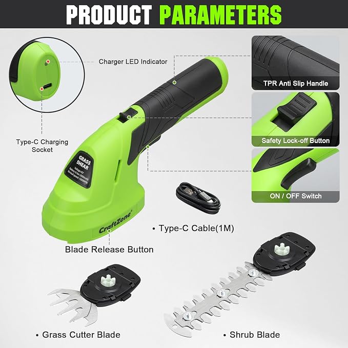 Cordless Grass Shear & Hedge Trimmer - Green | 2-in-1 Electric Shrub Trimmer and Grass Cutter | 8V Handheld Lawn Trimmer with USB Type-C Cable & Rechargeable Lithium-Ion Battery