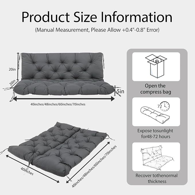 Porch Swing Cushions 60x40 Inch, 5" Extra Thick Waterproof Outdoor Swing Seat Cushion with Backrest & 8 Non-Slip Ties PP Cotton + Memory Foam Fill, Fade-Resistant 3-Seater Replacement for Patio Bench