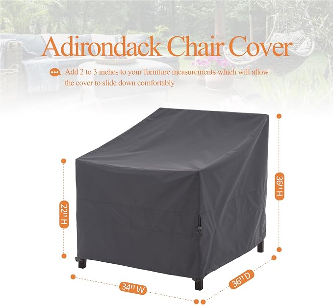WJ-X3 Grey Patio Chair Covers, Heavy Duty Waterproof Outdoor Adirondack Covers, Tolix Chairs, 34" W x 36" D x 36" H, 2 Pack