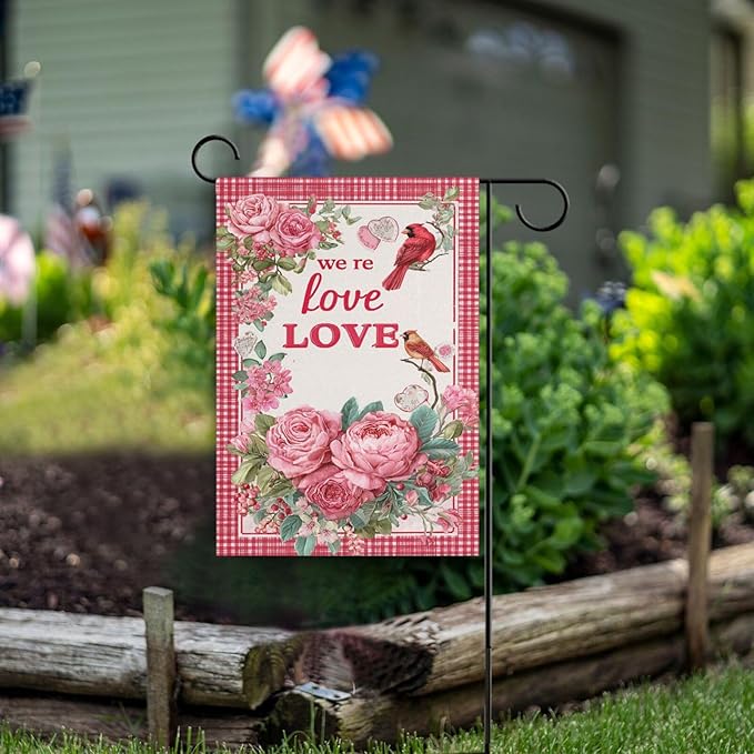 Pfrewn Valentine House Flag 28 x 40 Double Sided, Red Rose Floral Cardinal Plaid Garden Yard Flags Welcome Spring Outdoor Indoor Banner for Wedding Party Home Decorations
