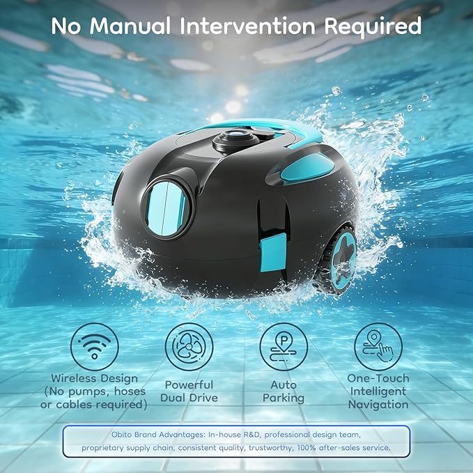 Robotic Pool Cleaner, Powerful Robotic Cleaner with Dual Suction Inlets, Cordless Automatic Pool Cleaner for In-Ground & Above Ground Pools, 130-Min Runtime, Lightweight Design with Auto Park Feature
