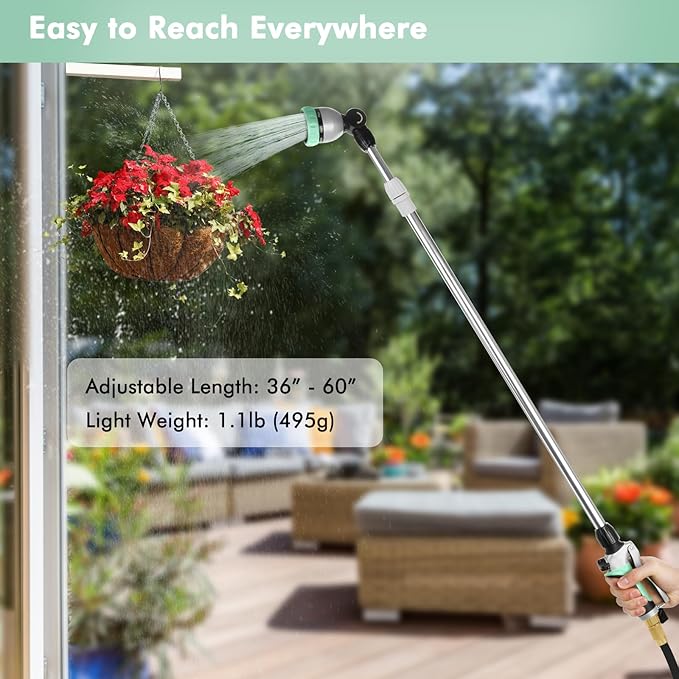RESTMO 36”-60” Metal Watering Wand, Long Telescopic Tube | 180° Adjustable Ratcheting Head | 7 Spray Patterns | Flow Control, Perfect Garden Hose Sprayer to Water Hanging Baskets, Shrubs, Cyan
