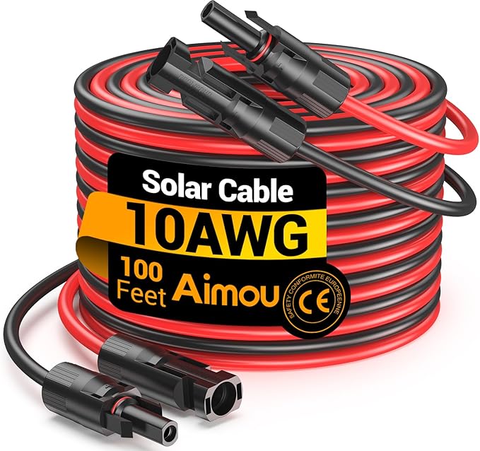 100FT 10AWG Solar Extension Cable, 10 Gauge Solar Panel Wire with Waterpproof Female and Male Connectors for Outdoor RV, Off-Grid Photovoltaic Systems(Black+Red)