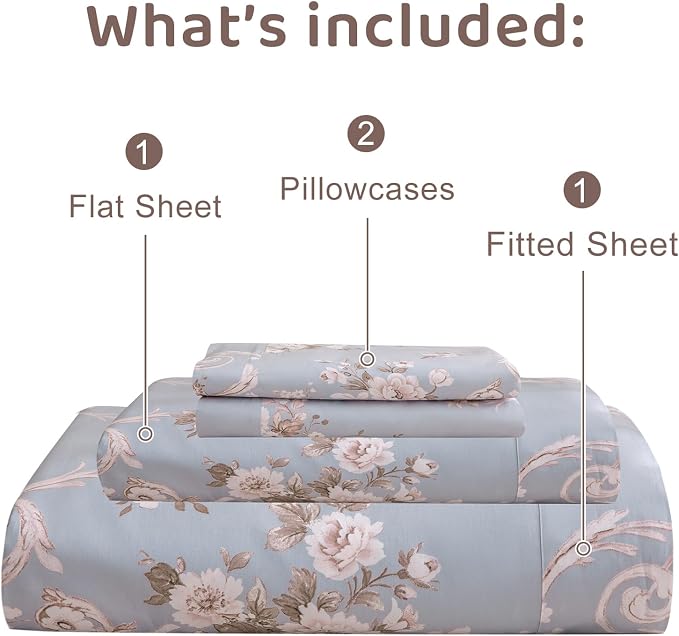 QSH Floral Queen Size Sheet Sets - 100% Egyptian Cotton Sheets Elegant Blue Vintage Paisley Flower Pattern Printed Bedding Sheets Queen Size Bed Breathable 4pcs Deep Pockets Bed Sheets