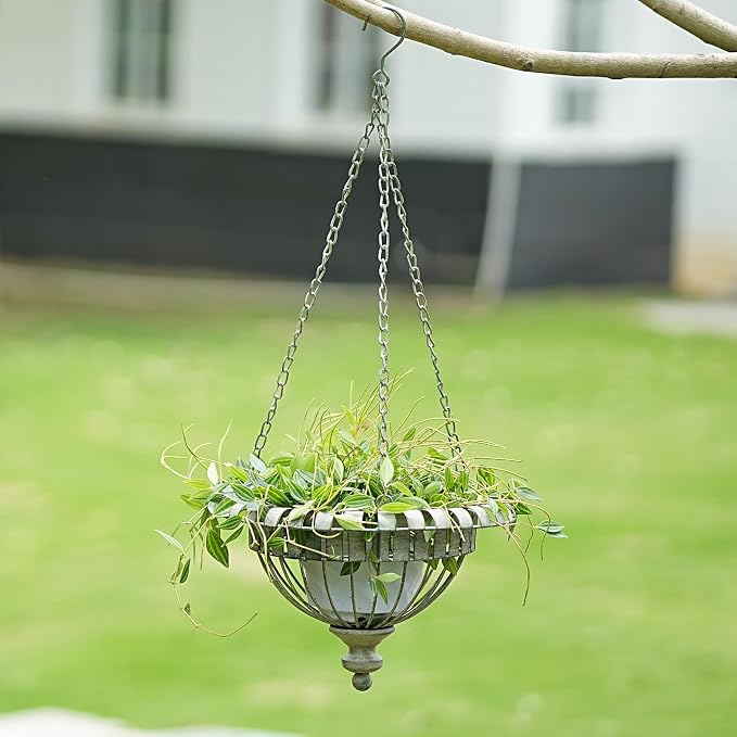 Metal Hanging Planter for Outdoor,Hand-Crafted Rusty Hanging Basket Plant Holder for Outdoor Indoor Garden, Patio, Deck, Porch, Flower Pots