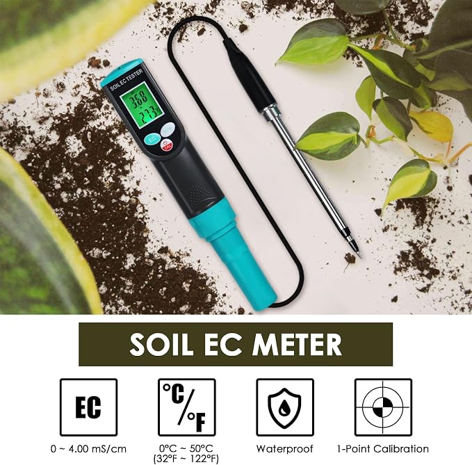 Soil EC & Temperature Meter, 2 in 1 Digital EC Meter with Automatic Temperature Compensation 0~50℃ Portable Soil EC Meter with Corded EC Sensor Electrode for Agricultural, Gardening, Plants