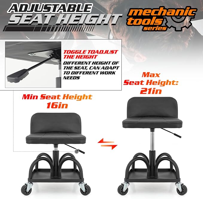 M-AUTO Padded Seat Garage Stool on Wheels, 16”-21” Height Adjustable Swivel Mechanics Seat with Tool Tray Storage for Garage and Garden, 300lbs Capacity