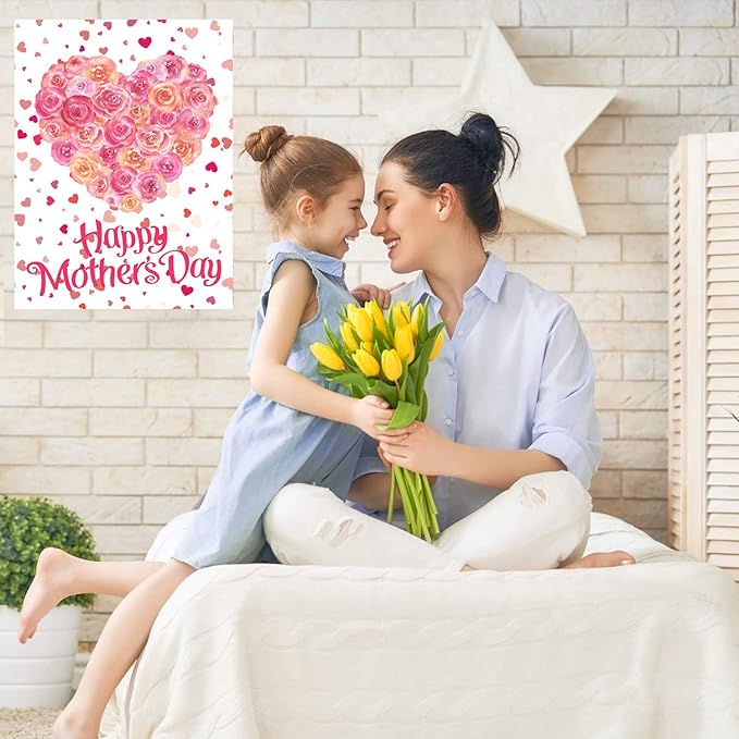 Wamika Happy Mother's Day Pink Red Rose Flower Double Sided House Flag Garden Banner 28" x 40", Best Mom Love Flowers Heart Mother Day Garden Flags for Anniversary Yard Outdoor Decoration