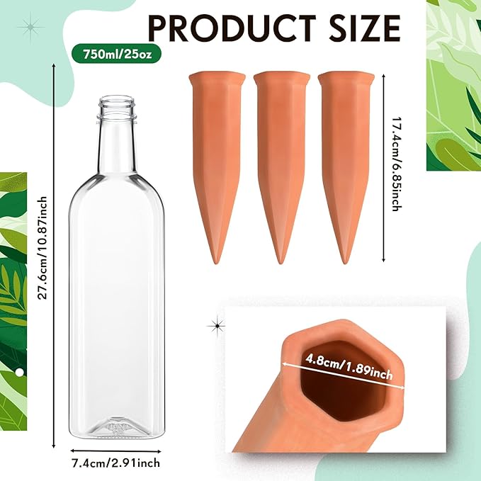 Ziliny 6 Sets Plant Watering Devices 6 Pcs Self Watering Spikes 6 Pcs 25 oz Plastic Bottles Slow Release Automatic Waterer Empty Liquor Bottles Terracotta Spikes for Vacation Plant (Ceramic Color)