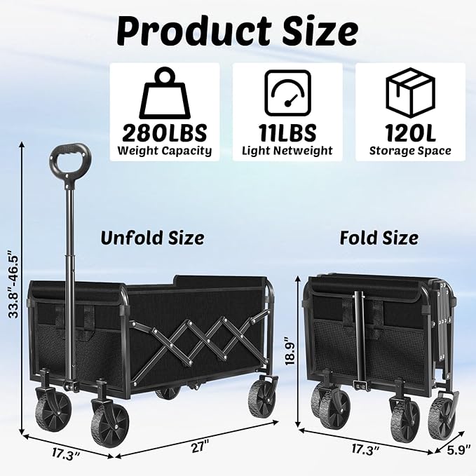 Wagons Carts Foldable, 280 Lbs with Adjustable Handle, Black Lightweight Portable, Collapsible Wagon for Beach Trip, Camping, Shopping, Sports, Travel, Picnic and Grocery (Dark Black)