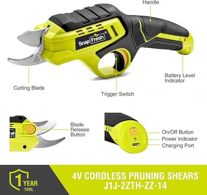 SnapFresh Cordless Electric Pruning Shears, 4.0Ah Battery Powered Garden Pruner with Extra Blade, 3/4" Cutting Capacity, Tool-Free Quick Blade Swap, Lightweight Branch Cutter Gardening Scissors