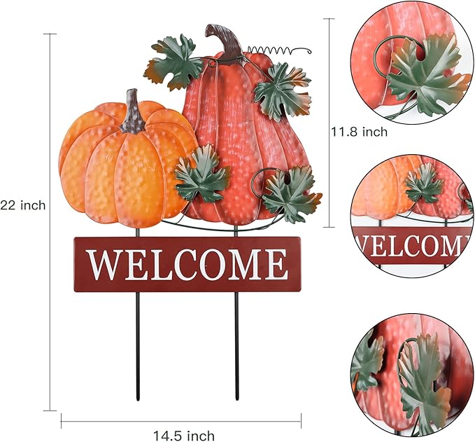 YEAHOME Fall Decorations for Home Outdoor, 22" Decorative Garden Stakes with 2 Pack Pumpkin Welcome Sign Fall Decor, Metal Yard Sign for Outside Garden Yard Lawn Patio Backyard Porch Decorations