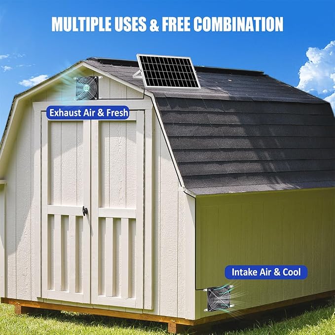 5 Inch Solar Powered Fan, Solar Exhaust Intake Fan Kit, IPX7 Waterproof Dual Fans with 13Ft On/Off Switch Cable, Cooling Ventilation for Greenhouse, Chicken Coop, Shed, Outside No Battery