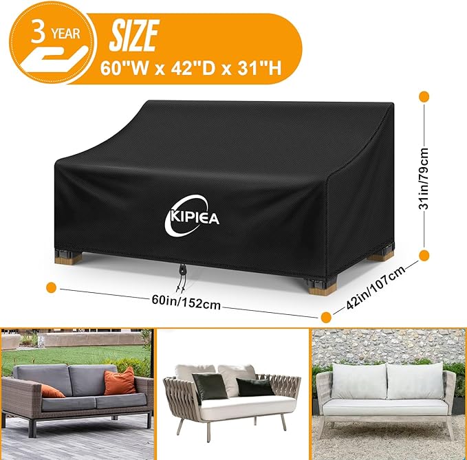 Kipiea Patio Sofa Cover, Heavy Duty Outdoor Couch Covers Waterproof Winter, 2-Seat Patio Furniture Cover Loveseat, Outdoor Sofa Covers with Anti UV and No Tears, No Fading (60"W x 42"D x 31"H)