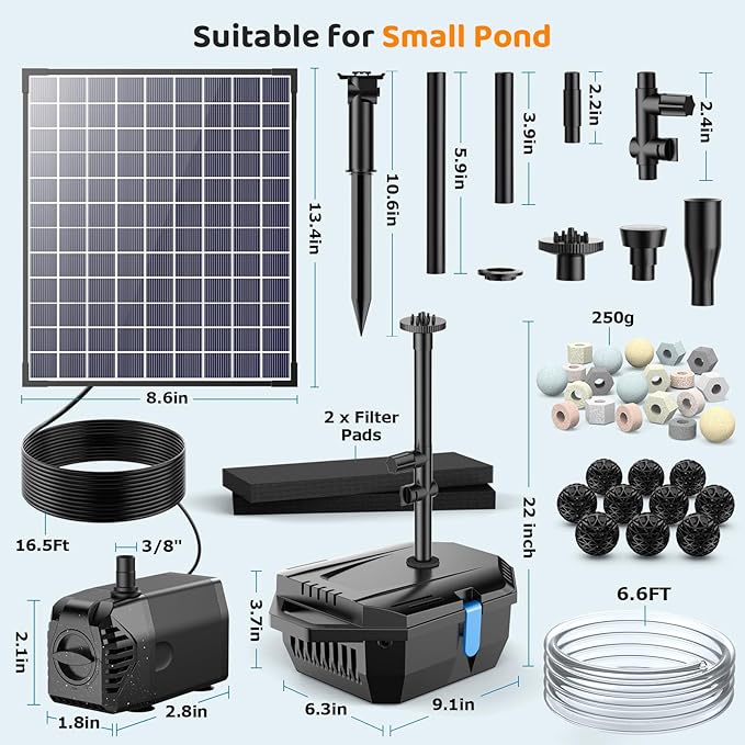 Antfraer 25W Solar Pond Filter with Water Pump, Solar Pond Pump with 6.6FT PVC Tubing/16.5FT Cord, Pond Filter Box for Outdoor Small Pond Waterfall Garden Bird Bath Water Clear