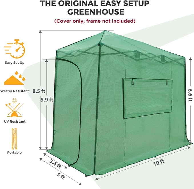 EAGLE PEAK Replacement Cover for 10x5 Portable Lean-to Greenhouse, 2 Roll-Up Zipper Entry Doors and 1 Large Roll-Up Side Window (Frame Not Included), Green