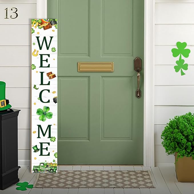 St. Patrick's Day Porch Sign Saint Patrick Wooden Welcome Sign For Front Door Shamrock Clover Home Decoration Vertical Sign For Patio Porch Standing Yard Sign for Indoor Outdoor Garden Wall