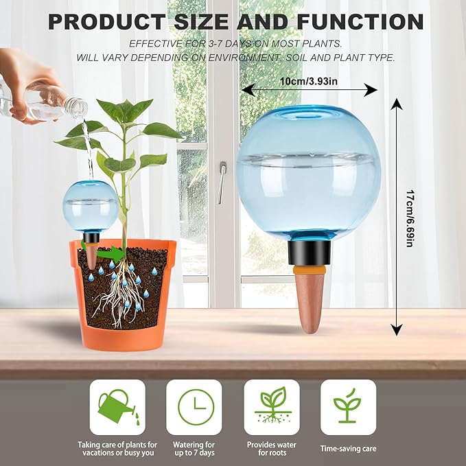 6 Pack Self Watering Globes 17oz Large Plant Watering Globes Top Fill, Self Water Planter Insert Indoor/Outdoor Plastic Water Bulbs Slow Release Terracotta for Plants, Blue