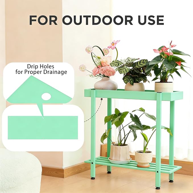 Honla Metal Plant Stand Indoor Outdoor,2 Tier Window Tall Plant Table Bench Shelf for Multiple Plants,26" L x 8.66" W x 24.40" H,Mint Green
