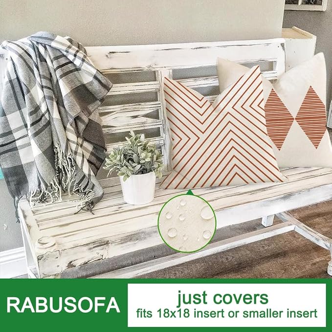RABUSOFA Outdoor Pillows Covers 18x18 inch Waterproof,Fall Rust and Beige Boho Cushion Cases Set of 4 for Patio Furniture Sunbrella Couch(2R-18) (Rust and Beige, 18" x 18" (Pack of 4))