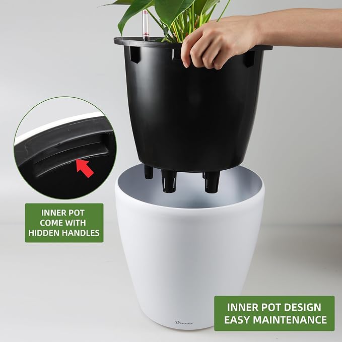 Dexceder 18x17 Self Watering Planter with Wheels (White Matte) | Inner Pot Design, Thickened Large Floor Standing Flower Plant Pot with Water Level Indicator Indoor Outdoor