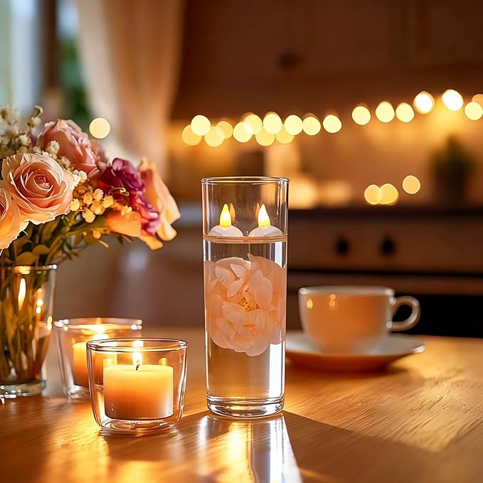24 Pack Flameless Floating Candles and Floating Artificial Flower Led Battery Operated Waterproof Tea Lights for Vases Centerpieces at Wedding, Party, Pool Decor Pink