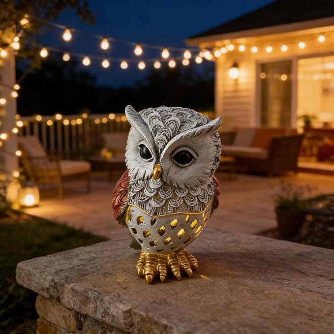 Solar Owl Garden Statues Outdoor Decor Resin Owl Figurine with LED Lights Owl Sculpture for Porch Patio Lawn Yard Decorations Christmas Housewarming Gifts for Women Mom,Brown Owl