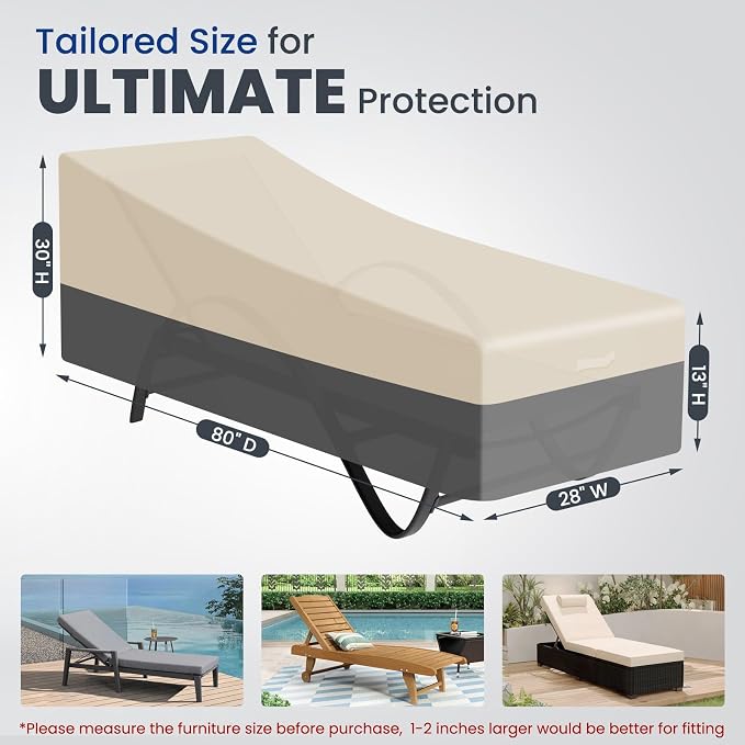 Extra Heavy Duty Patio Chaise Lounge Cover Waterproof 2 Pack - Lounge Chair Covers for Outdoor Pool Lounger and Patio Furniture, 80" x 28" x 30"