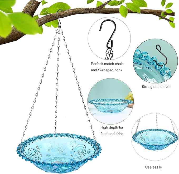 4 Pack Hanging Bird Baths Bowl Outdoor Bird Feeder 15.7 Inch Metal Chains, Weather-Resistant Hanging Bird Feeder & Bath Tray for Garden, Patio, Backyard Wildlife Decor (2P Blue)