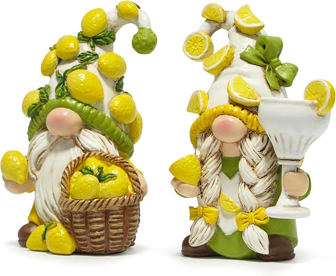 Hodao Lemon Gnome Set – with Lemon-Covered Hats, Basket & Goblet, 2PCS Hand-Painted, Cute Summer Kitchen & Shelf Decor, Indoor Home/Party Accents, Adorable Gift