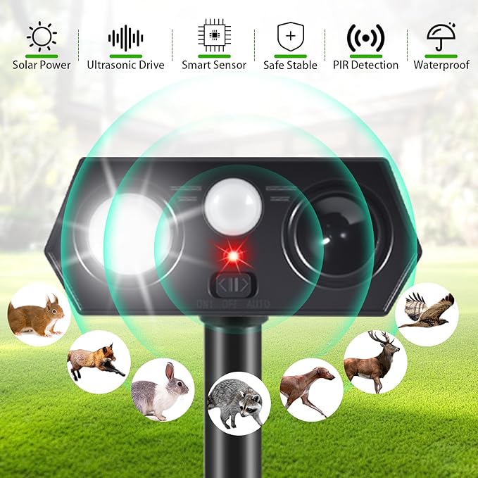 2026 Upgraded Solar Ultrasonic Animal Repellent Deer Deterrent Outdoor Motion Activated with Flash Light Repeller Keep Cat Squirrel Dog Raccoon Skunk Rabbit Away from Yard Garden Lawn 4 Pack
