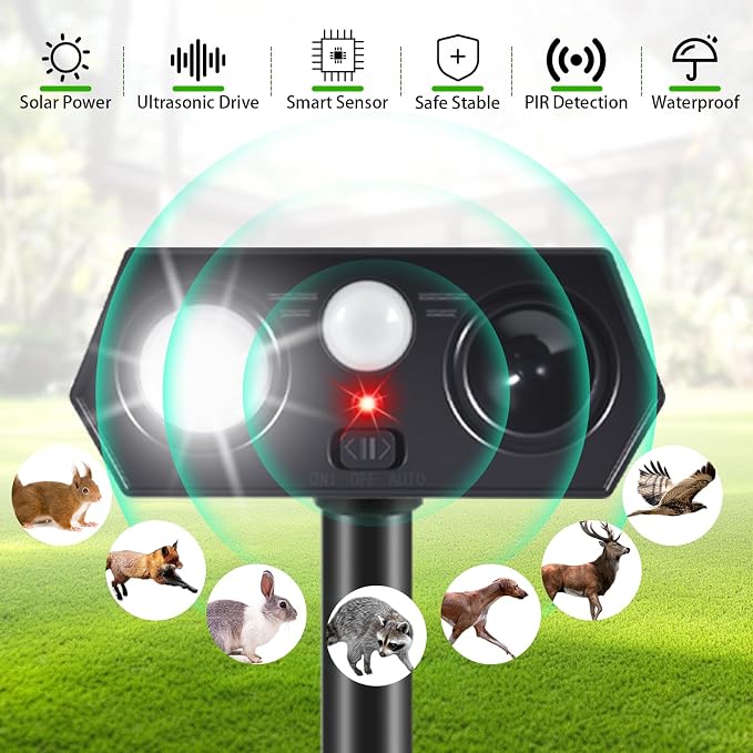 2026 Sonic Fortress Pro Deer Repellent Devices Solar Ultrasonic Animal Repellent Outdoor with Motion Sensor & Flashing Light Cat Squirrel Deterrent to Keep Racoon Rabbit Out of Yard & Garden 2 Pack