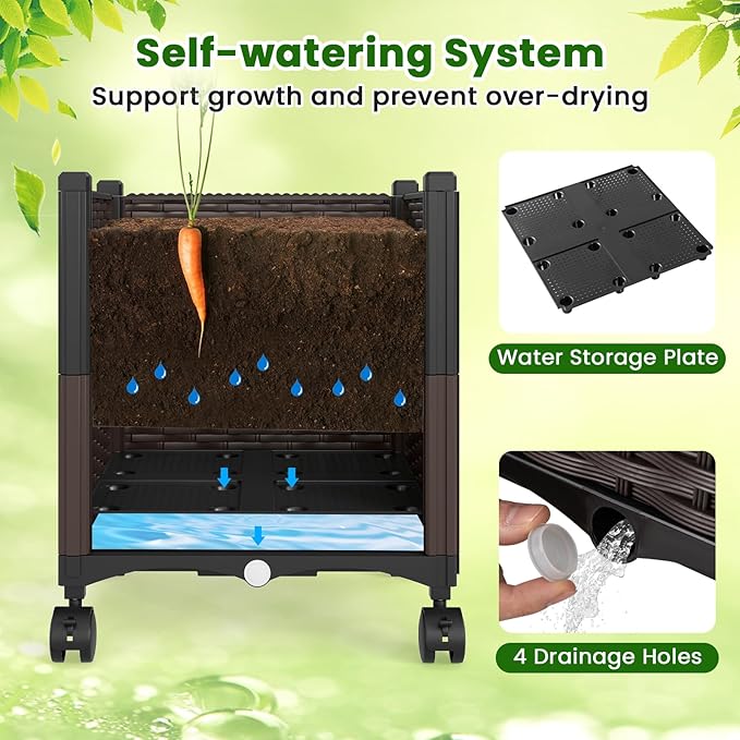 HAPPYGRILL 87" Raised Garden Bed w/Trellis, Self-Watering Planter Box w/ 3 Adjustable Heights, Lockable Wheels for Climbing Plants Flowers Vine, Indoor Outdoor Vertical Tomato Cage for Garden (1)