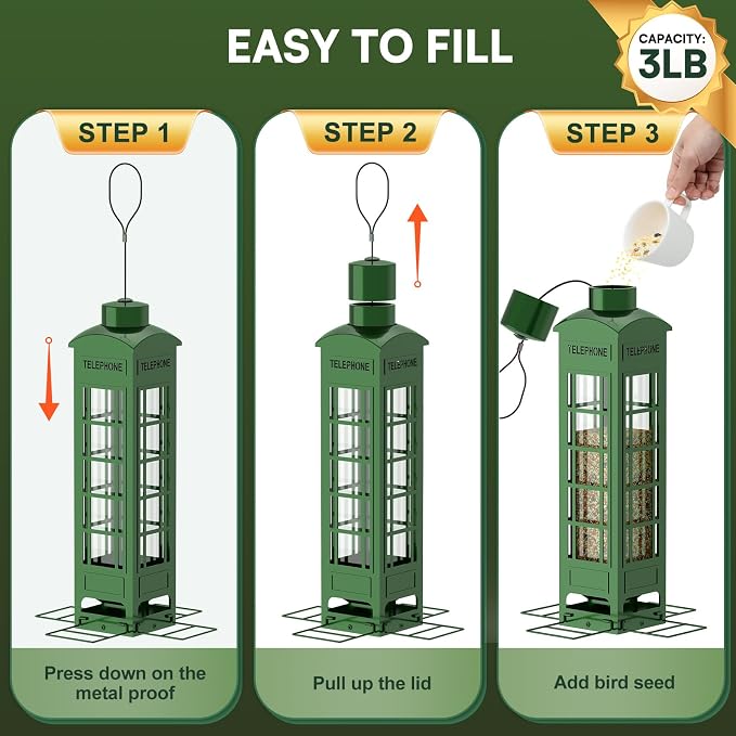 Bird Feeder Squirrel Proof for Outdoors Hanging - Gravity Protection Metal Wild Bird Feeders Tube Bird Seed Feeder with 4 Feeding Ports,2.5LB Large Capacity for Cardinal, Sparrow, Finch, Chickadee