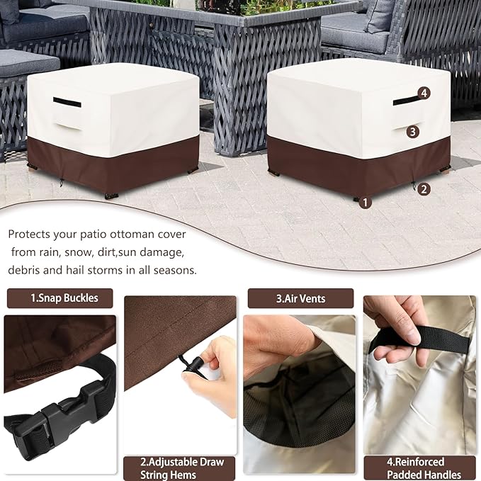 Patio Ottoman Cover,32W x 32D x 18H inch,Waterproof Square Patio Small Side Table Cover,Suitable for 3-Piece Outdoor Wicker Patio Bistro Set Side Table(Beige)