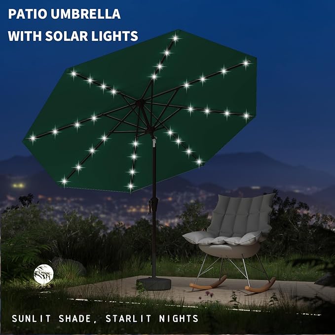 9FT Patio Umbrella with Solar Lights,Outdoor Market Umbrella with Tilt and Crank, LED Lighted Table Umbrella for Garden,Deck,Backyard,Pool,Beach