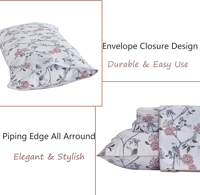 FADFAY Sheets Set Cal King Rustic Bird Floral Bed Sheets Set Vintage Botanical Bedding Shabby Branches Leaves Bedding Collections 100% Egyptian Cotton 17.7" Deep Pocket 4Pcs, California King Size