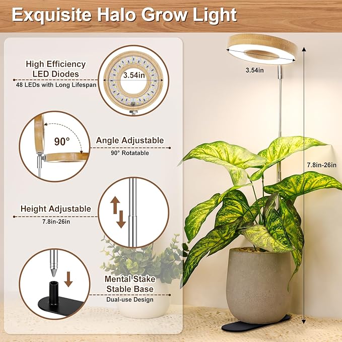 LORDEM Bamboo Base Desktop Grow Light, LED Plant Lamp with Full Spectrum, 4 Adjustable Brightness Levels, 4H/8H/12H Auto Timer for Indoor Plants Growing, Height Adjustable 7.8"-26", 2 Pack