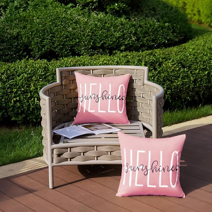 DFXSZ Outdoor Pillow Covers 20x20 Inch Set of 2 Hello Sunshine Decor Pink Waterproof Throw Pillow Covers Summer Outdoor Waterproof Pillow Covers Decor for Patio Funiture Garden Sofa Couch 020F20