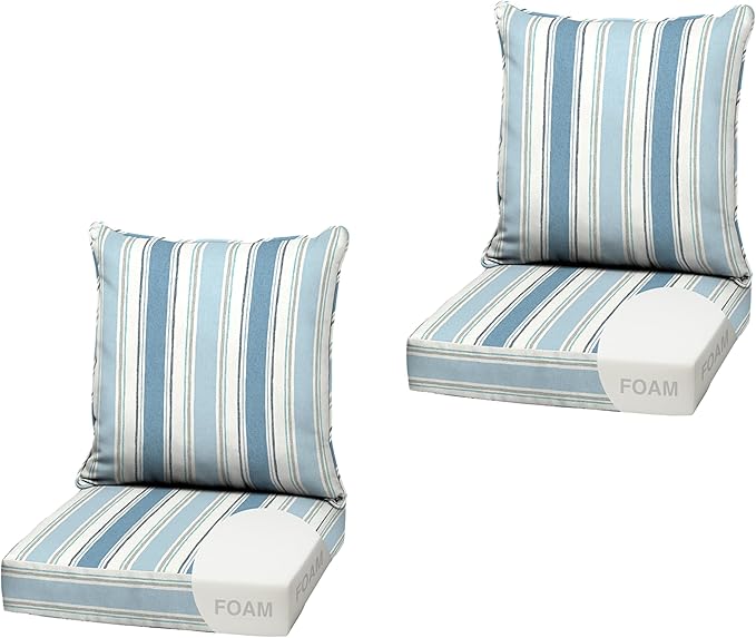 Arden Outdoor Foam Deep Seat Cushion (2-Pack), 22x24, Premium High-Density Foam, Never Flattens, Weather-Proof for Patio Chair Sofa Couch, French Blue Linen Stripe