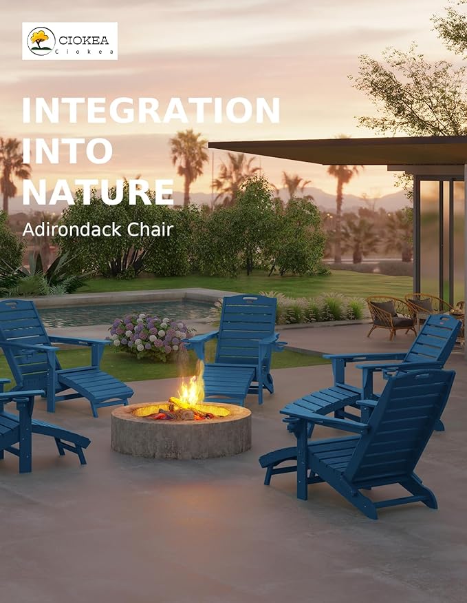 Ciokea Folding Adirondack Chair Set of 6 with Retractable Ottoman Fire Pit Patio Chair with Pull Out Foot Rest Weather Resistant Lawn Outdoor Chair with 2 Cup Holder (Navy Blue)