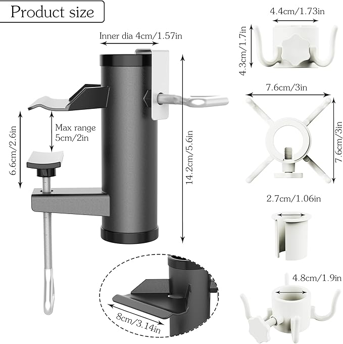 Outdoor Umbrella Clamp, Stainless Steel Umbrella Holder, Adjustable Deck Umbrella Mount with Umbrella Hook Accessory Mount for Picnic Table, Bleachers, Railing (Black)
