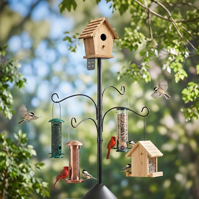 tinnmao Bird Feeder Pole 100 Inch with Squirrel Baffle and 4 Feeder Hooks | Heavy Duty Adjustable Bird House Pole with Top and Side Mount for Smart Feeders, Bluebird Houses, Yard and Garden