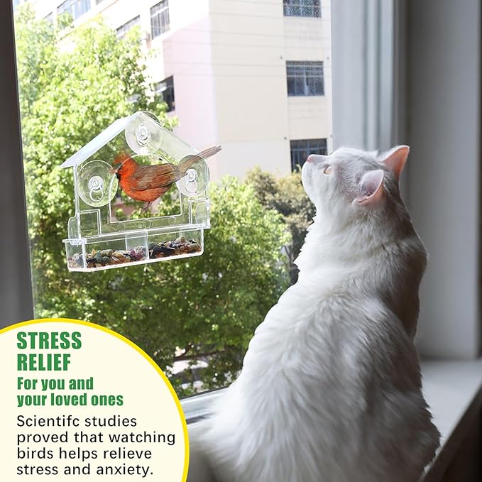 Window Bird Feeder with 3 Extra Strong Suction Cups, Clear Birdfeeders Bird House for Outdoors Window Viewing Outside, Removable Tray Birdhouse