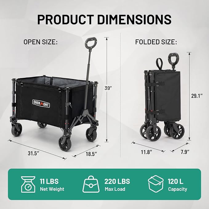 Overmont 3-in-1 Folding Utility Wagon 11lb Lightweight Cart with Side Open | 120L 220 lb Capacity Adjustable Handle & Swivel Wheels for Grocery Runs, Camping, Sports, Garden, Shopping, Picnics and Pets