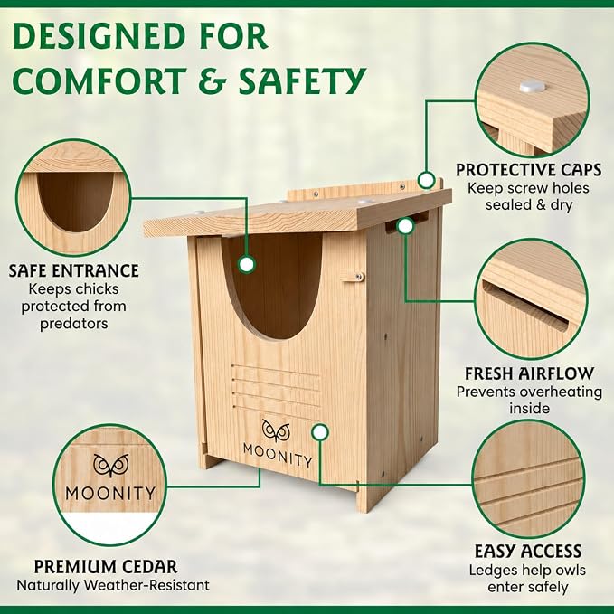 MOONITY Large Premium Cedar Owl House – 16" x 12" x 12" Weatherproof Nesting Box for Barn & Screech – Durable, Safe & Easy to Install